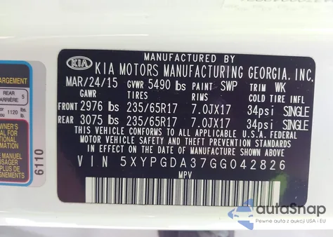 2016 Kia Sorento 2.4L Lx from USA, damaged, VIN 5XYPGDA37GG042826